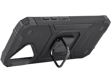 Charger l&#39;image dans la galerie, Une coque de smartphone noire avec un support d&#39;anneau, vue latérale, et un fond blanc.
