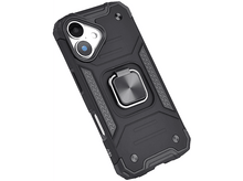 Charger l&#39;image dans la galerie, Coque de téléphone noire avec un support de bague. Elle comporte des découpes pour l&#39;appareil photo et un dos texturé.
