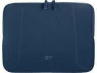 Housse d'ordinateur portable bleue avec fermeture éclair et la marque 'ISY' en lettres blanches.