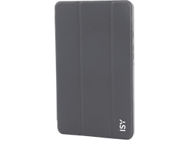 Étui de tablette gris avec bord blanc. Logo ISY en bas à droite. Fond noir.