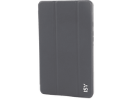 Étui de tablette gris avec bord blanc. Logo ISY en bas à droite. Fond noir.