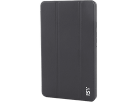 Housse de tablette noire. La housse est fermée, avec une surface lisse et le logo ISY.