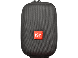 Étui ISY noir. Petit, rectangulaire, avec le logo ISY rouge.