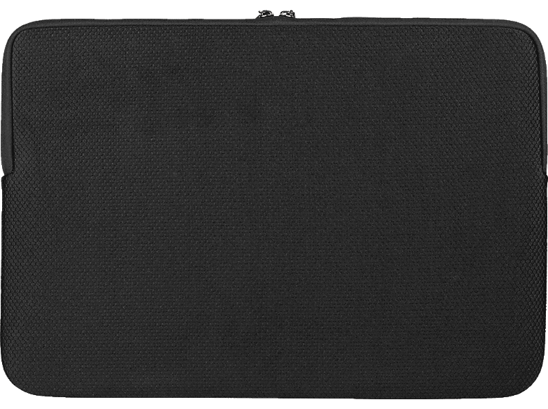 Housse d'ordinateur portable noire avec motif texturé. Fermeture zippée.