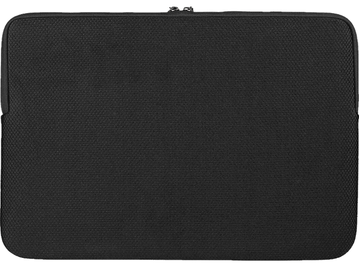 Housse d'ordinateur portable noire avec motif texturé. Fermeture zippée.