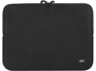 Une housse d'ordinateur portable noire avec une fermeture éclair, la marque 'ISY' est visible.