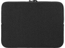 Charger l&#39;image dans la galerie, Housse d&#39;ordinateur portable noire avec fermeture éclair. Le matériau a un motif texturé en forme de grille.
