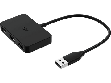 Un hub USB noir avec quatre ports, connecté à un câble USB. Fond noir.