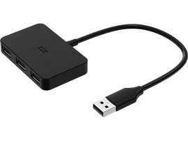 Un hub USB noir avec quatre ports, connecté à un câble USB. Fond noir.
