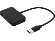 Un hub USB noir avec quatre ports, connecté à un câble USB. Fond noir.