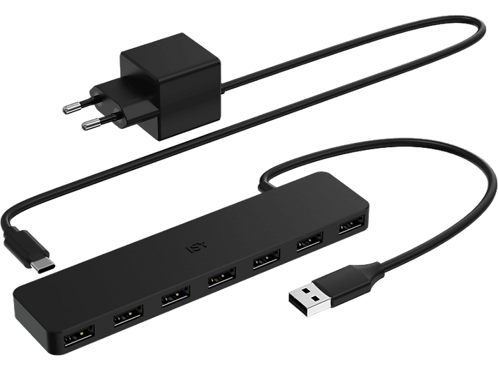 Hub USB et chargeur noirs. Le hub a plusieurs ports USB. Les deux ont des câbles noirs.
