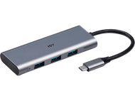 Hub USB gris avec trois ports USB et un connecteur USB-C. Marque : ISY.