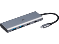 Un hub USB-C ISY gris avec plusieurs ports, connecté à un câble noir avec un connecteur de type C.