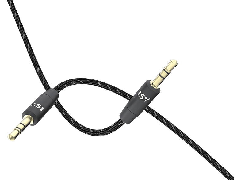 Câble audio noir avec deux connecteurs dorés et étiquettes ISY noires, isolé sur fond noir.