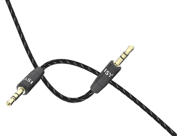 Câble audio noir avec deux connecteurs dorés et étiquettes ISY noires, isolé sur fond noir.