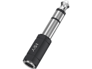 Un petit adaptateur de prise audio argenté avec une étiquette noire ISY.