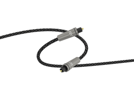 Deux câbles audio optiques noirs avec des connecteurs gris sur fond noir.
