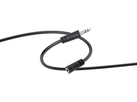 Câble audio noir avec prise jack 3,5 mm et connecteur femelle.