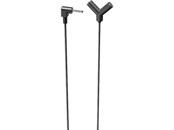 Câble séparateur audio noir, avec deux sorties, sur fond noir.