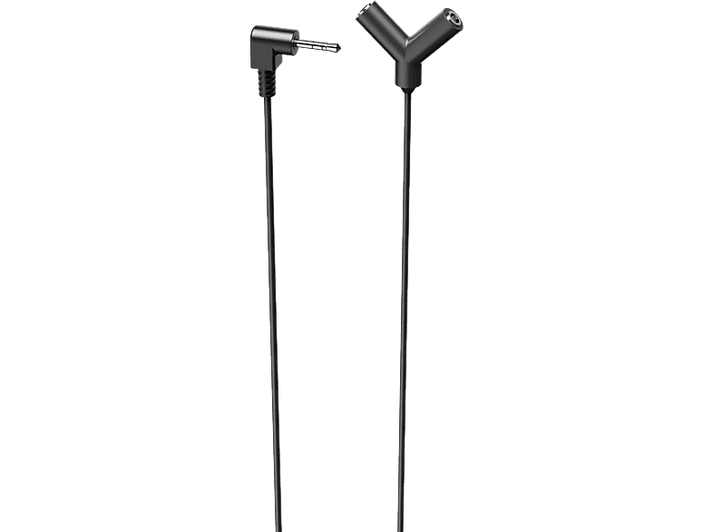 Câble séparateur audio noir, avec deux sorties, sur fond noir.