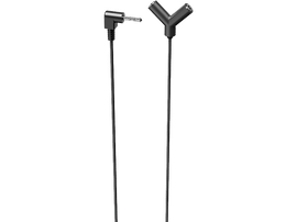 Câble séparateur audio noir, avec deux sorties, sur fond noir.