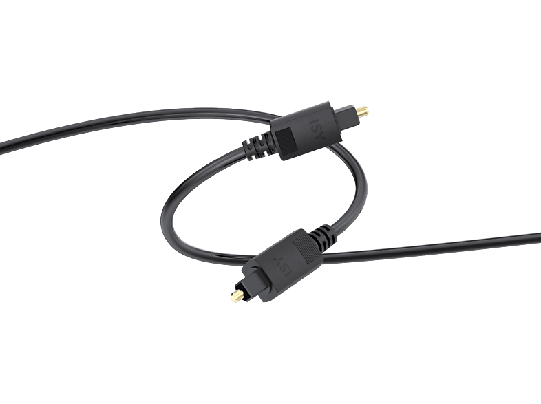 Câble audio optique noir avec deux connecteurs sur fond noir.