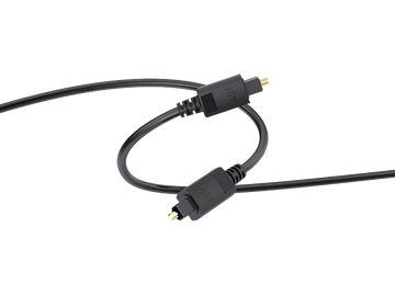 Câble audio optique noir avec deux connecteurs sur fond noir.