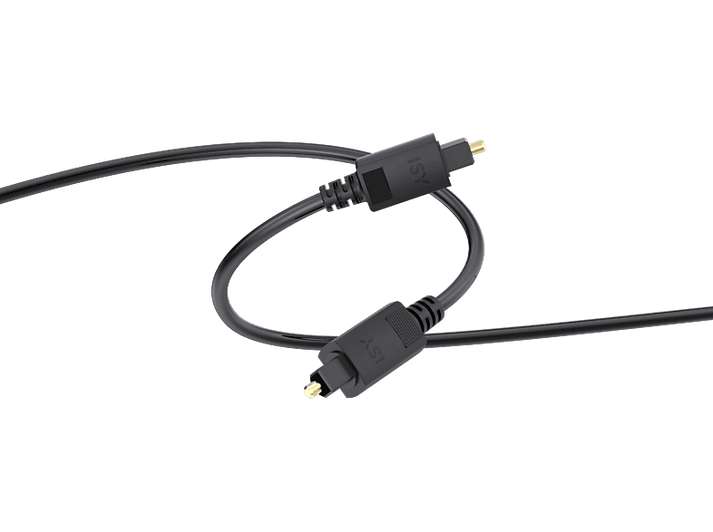Câble audio optique noir avec deux connecteurs sur fond noir.