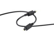 Câble audio optique noir avec deux connecteurs sur fond noir.