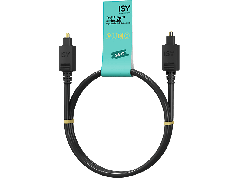 Câble audio numérique Toslink noir. Le câble est courbé et a des extrémités noires avec des pointes dorées.
