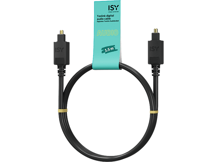 Câble audio numérique Toslink noir. Le câble est courbé et a des extrémités noires avec des pointes dorées.