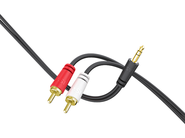Câble audio noir avec connecteurs RCA rouge, blanc et jack 3,5 mm. Fond noir.