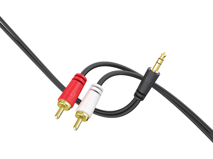 Câble audio noir avec connecteurs RCA rouge, blanc et jack 3,5 mm. Fond noir.