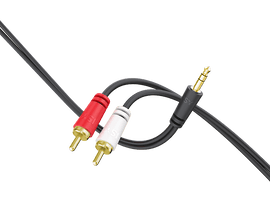 Câble audio : Câble noir avec connecteurs RCA rouge et blanc et prise jack 3,5 mm dorée.