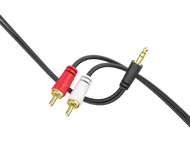Câble audio : Câble noir avec connecteurs RCA rouge et blanc et prise jack 3,5 mm dorée.
