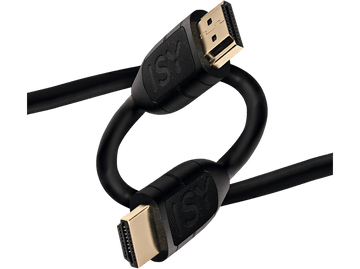 Câble HDMI noir avec connecteurs dorés sur fond noir.