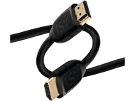 Câble HDMI noir avec connecteurs dorés sur fond noir.