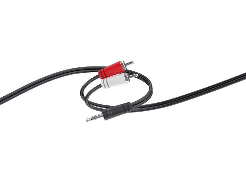 Câble noir avec prise jack 3,5 mm et connecteurs RCA rouge/blanc, sur fond noir.