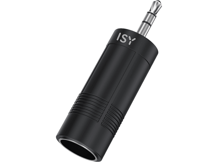 Adaptateur audio noir avec prise jack 3,5 mm sur fond noir.
