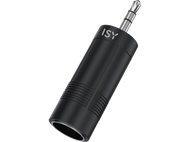 Adaptateur audio noir avec prise jack 3,5 mm sur fond noir.