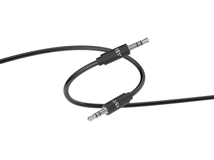 Câble audio noir avec deux prises jack de 3,5 mm. Sur fond noir.
