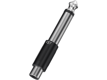 Adaptateur de prise jack audio argenté et noir sur fond noir, avec le texte 'ISY'.