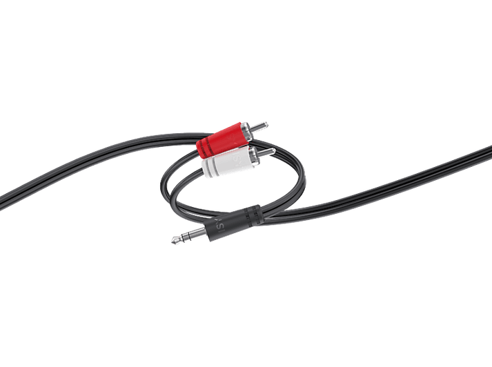Câble audio noir avec connecteurs rouge et blanc, et une seule prise jack.