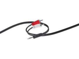 Câble audio noir avec connecteurs rouge et blanc, et une seule prise jack.