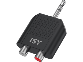 Adaptateur audio noir avec deux connecteurs RCA et une prise jack 3,5 mm.