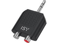 Adaptateur audio noir avec deux connecteurs RCA et une prise jack 3,5 mm.