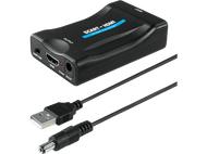 Convertisseur SCART vers HDMI noir. Un câble USB et CC y sont connectés.