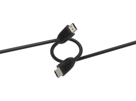 Câbles noirs HDMI et USB-C, entrelacés sur fond noir.