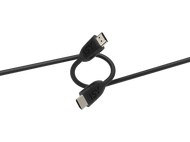 Câbles noirs HDMI et USB-C, entrelacés sur fond noir.