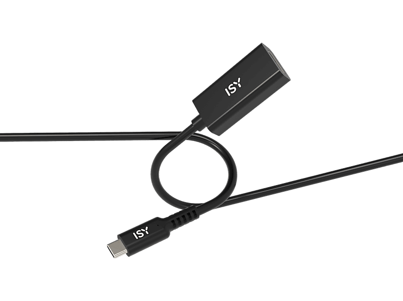 Câble adaptateur USB-C vers HDMI ISY noir sur fond noir.